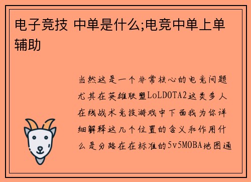 电子竞技 中单是什么;电竞中单上单辅助